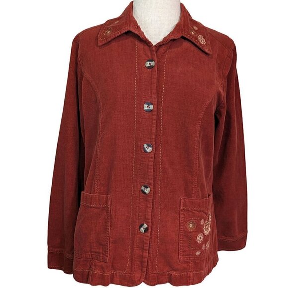 VTG Ms Lee Shacket Womens Medium Corduroy Rust Orange Button Up Embroidery Top - Picture 1 of 12